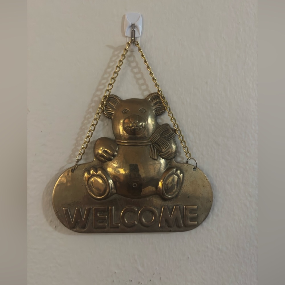 Vintage Brass Teddy Bear "Welcome" Wall Hanging - used for boys baby nursery